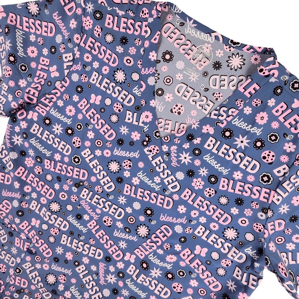 Divine Stretch JDM‎ Uniforms Scrub Top Women 2X Floral Blessed Print V-Neck